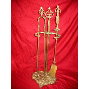 Bronze Fireplace Set With Shovel And Tweezers, 19th Century