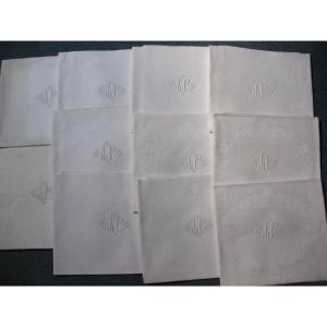 11 Damask Napkins Decorated With Iris And Lily Of The Valley Embroidered Initials Lp