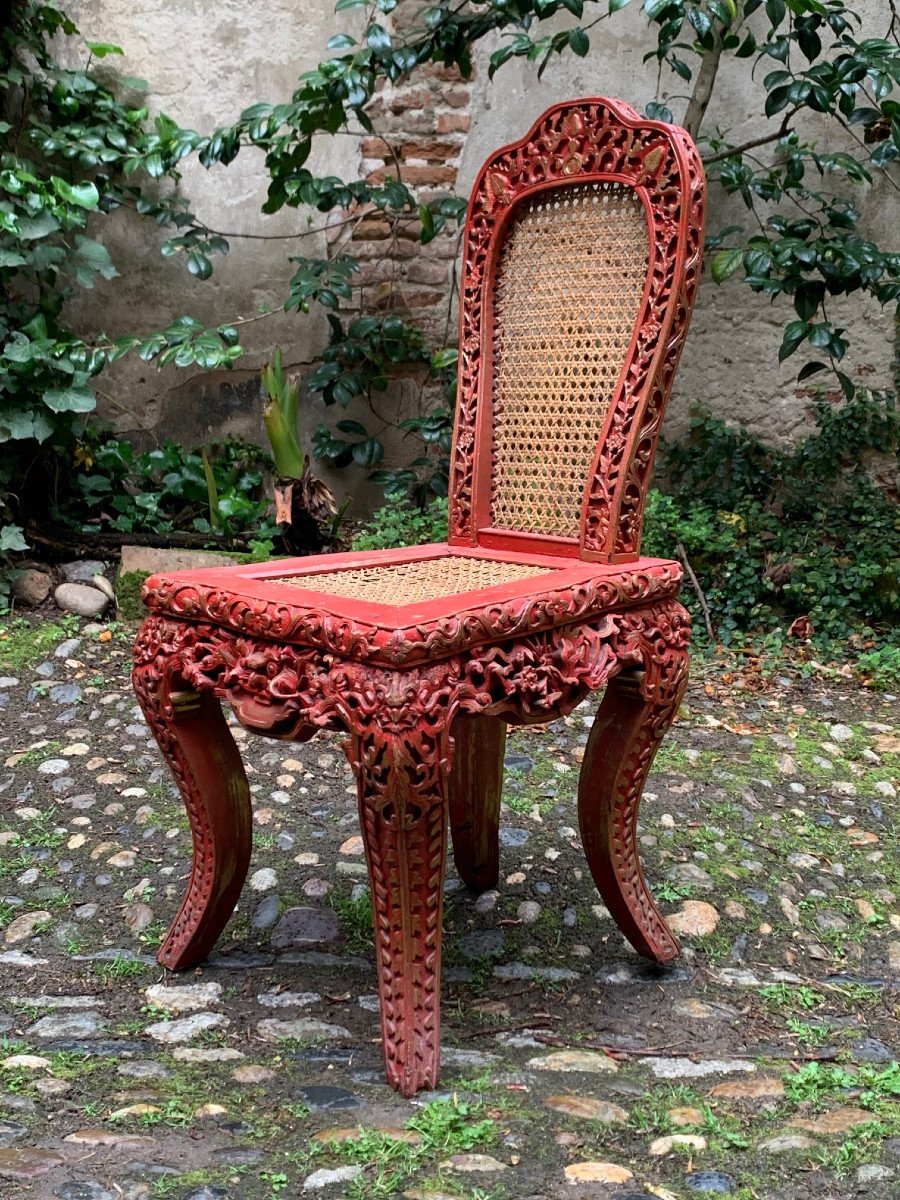 Pair Of Red Lacquered Caned Chairs-photo-3