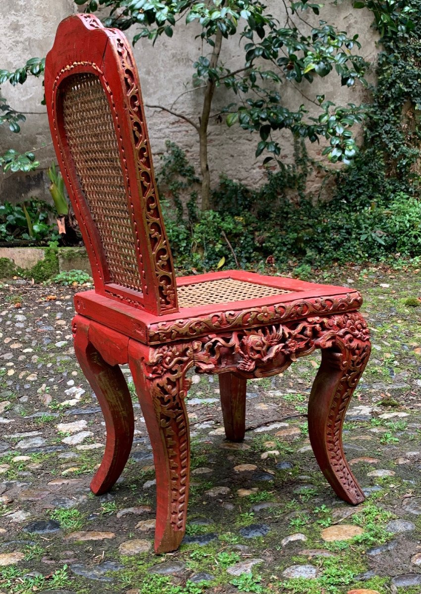 Pair Of Red Lacquered Caned Chairs-photo-1