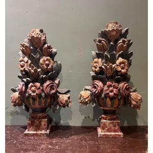 Paire De Bouquets Bois Polychrome