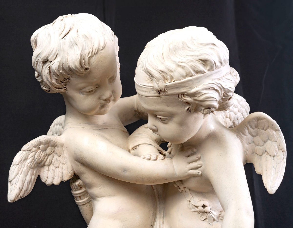 Large Patinated Terracotta - Two Cupids Disputing A Heart After Emfalconet - XIXth-photo-3