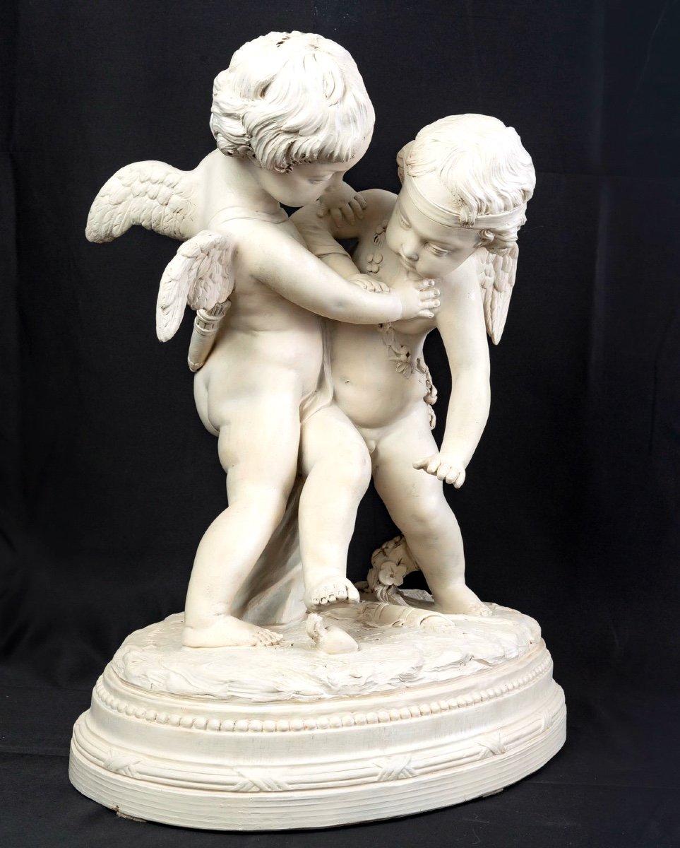 Large Patinated Terracotta - Two Cupids Disputing A Heart After Emfalconet - XIXth-photo-4