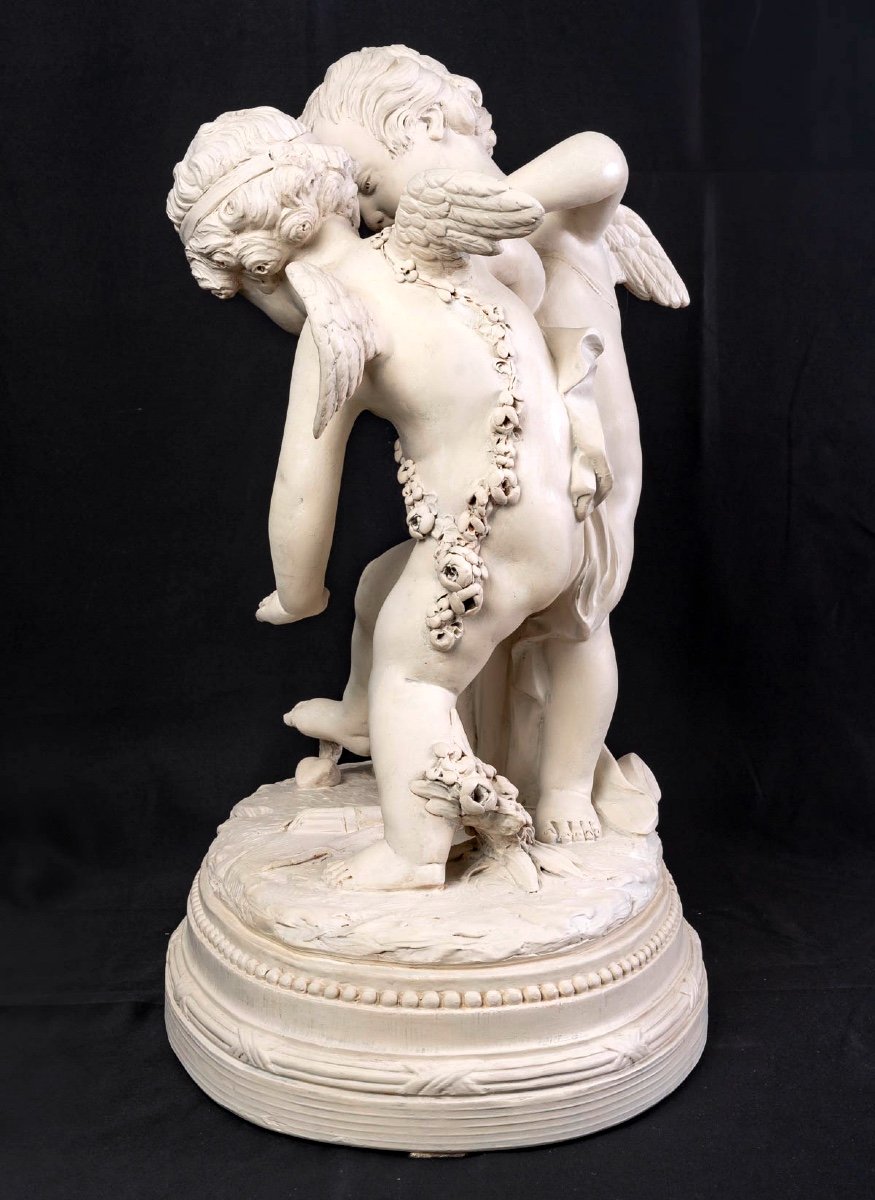 Large Patinated Terracotta - Two Cupids Disputing A Heart After Emfalconet - XIXth-photo-4
