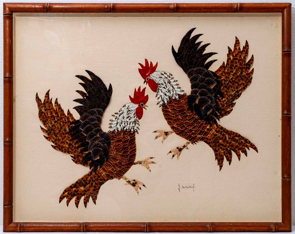 Table Feathers Glued On Canvas - Cockfight - Japan - Period: Early 20th Century