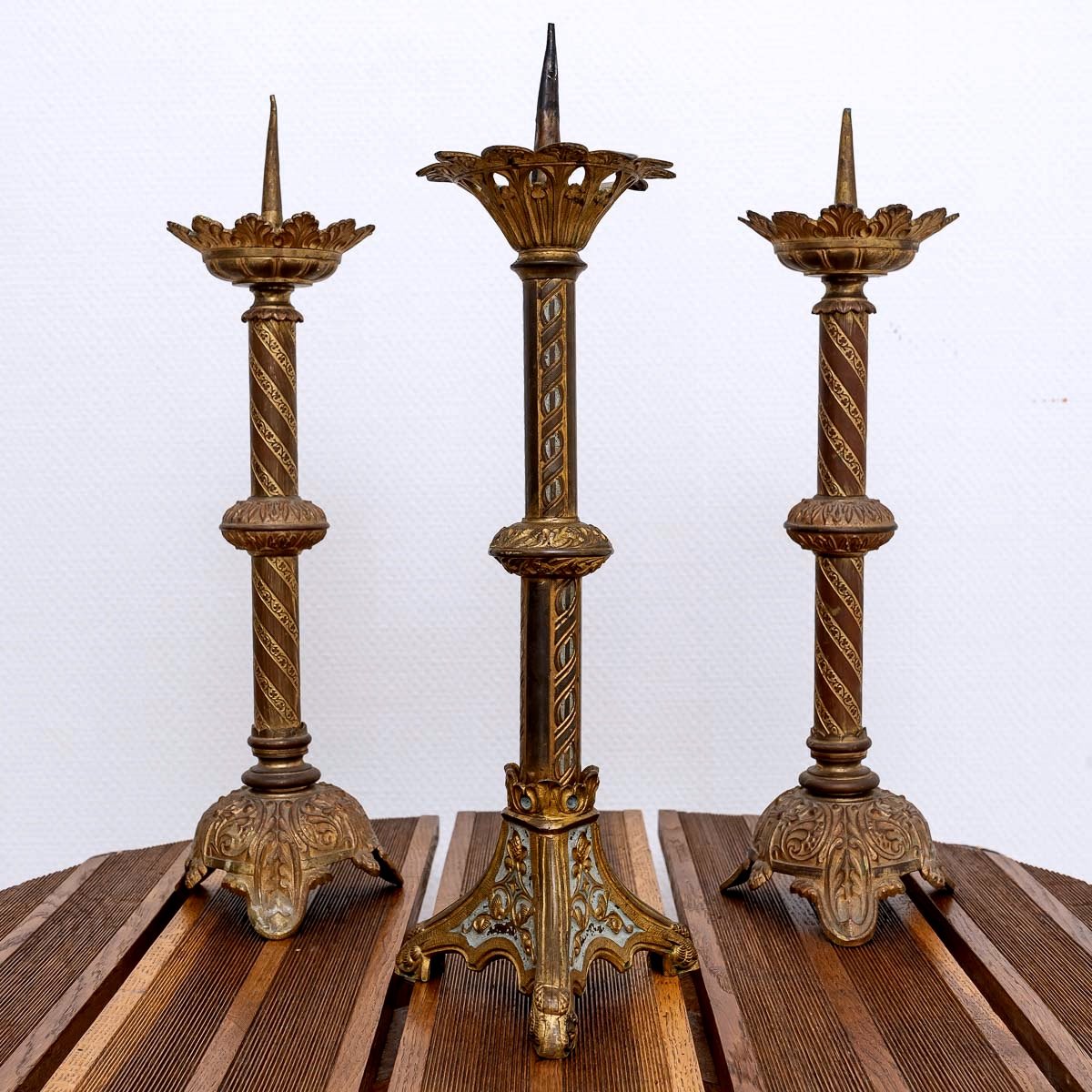 Set Of 3 Altar Candlesticks Candle Holder - Bronze - Period: XIXth Century-photo-2