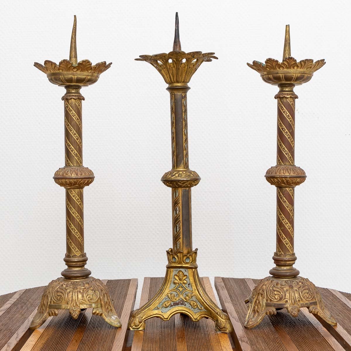 Set Of 3 Altar Candlesticks Candle Holder - Bronze - Period: XIXth Century-photo-1