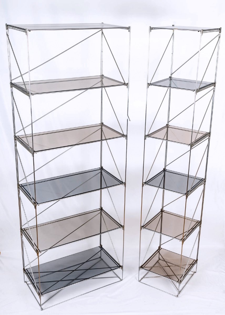 Suite Of 3 Silver Steel And Gray Smoked Glass Showcases - Max Sauze Stamp - 20th Century