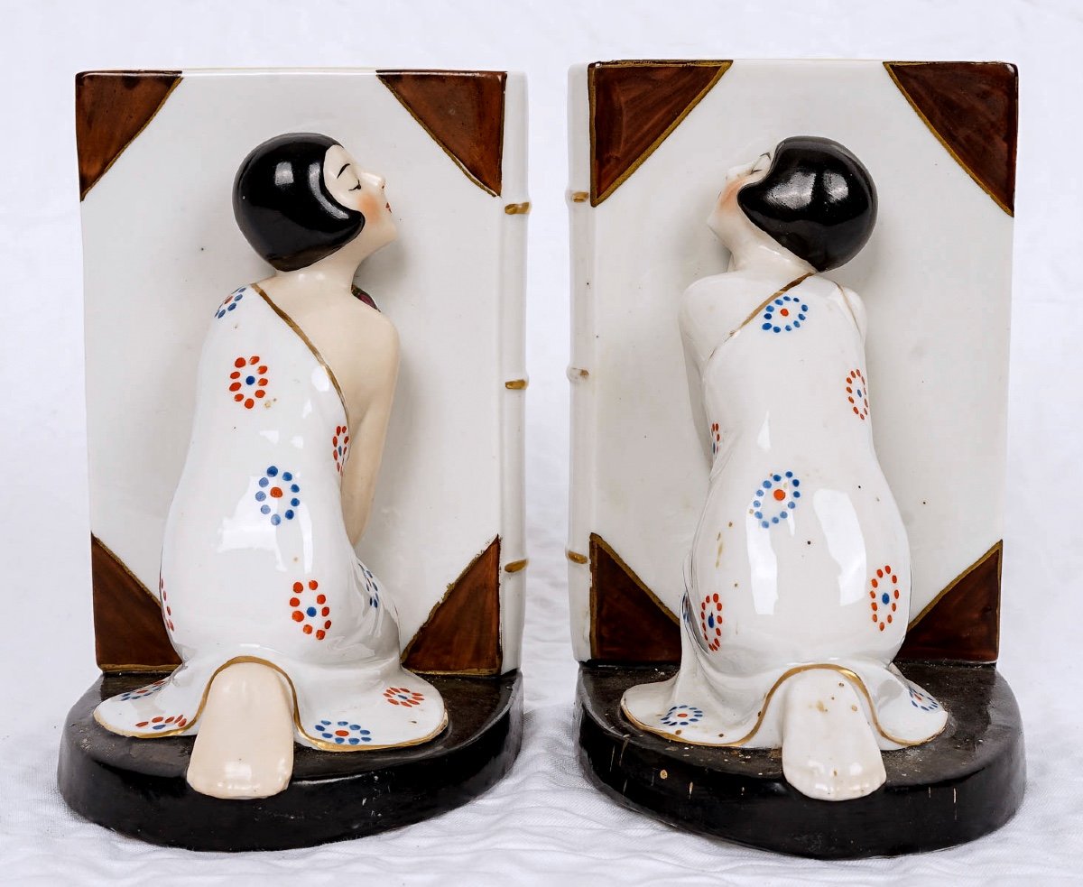 Pair Of Bookends - Lalouvière Enamels - Polychrome Porcelain - Period: 20th Century-photo-1