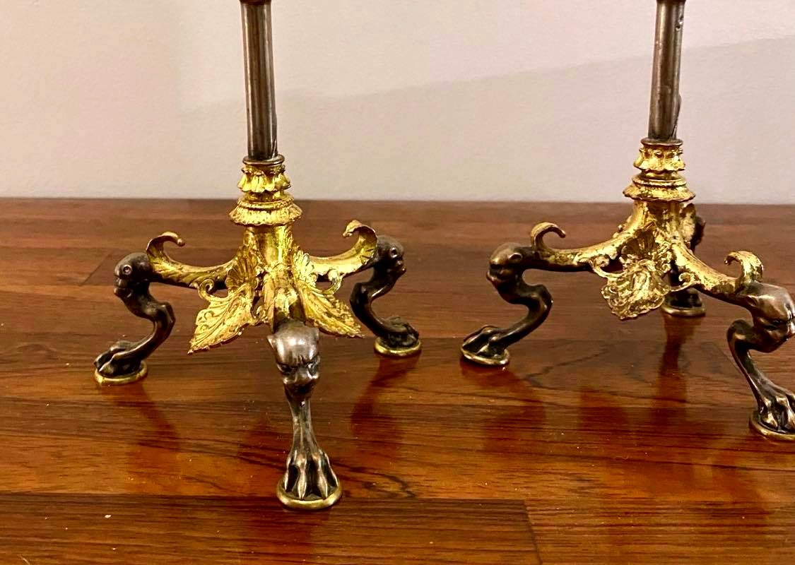 Magnificent Pair Of Double Patina Bronze Candlesticks - Signed: Barbedienne - Nineteenth Time-photo-1