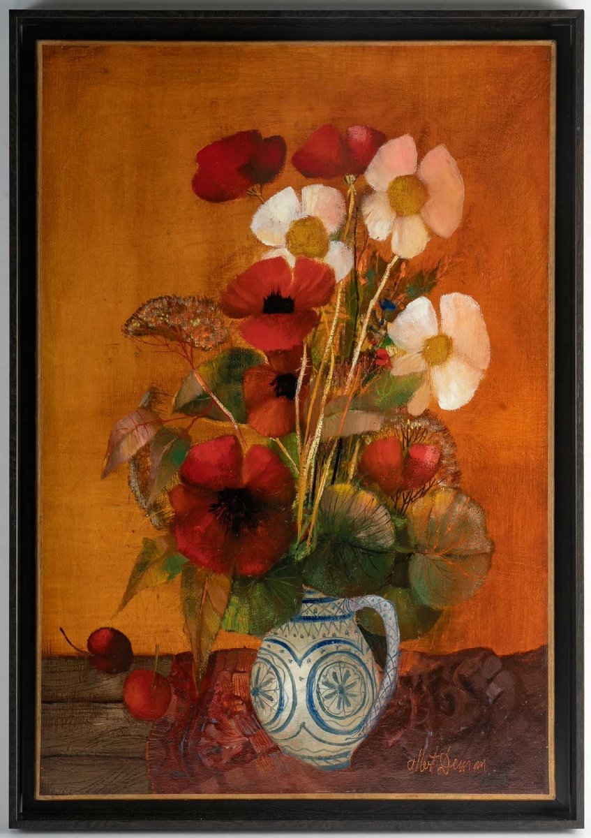 Oil On Canvas - Albert Deman - Still Life On Red Background - 20th Century