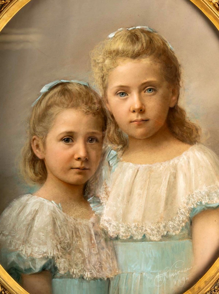 Pastel On Canvas - Gilded Wood Frame - Portrait Of Two Girls - Period: 19th Century - Circa: 1894-photo-1