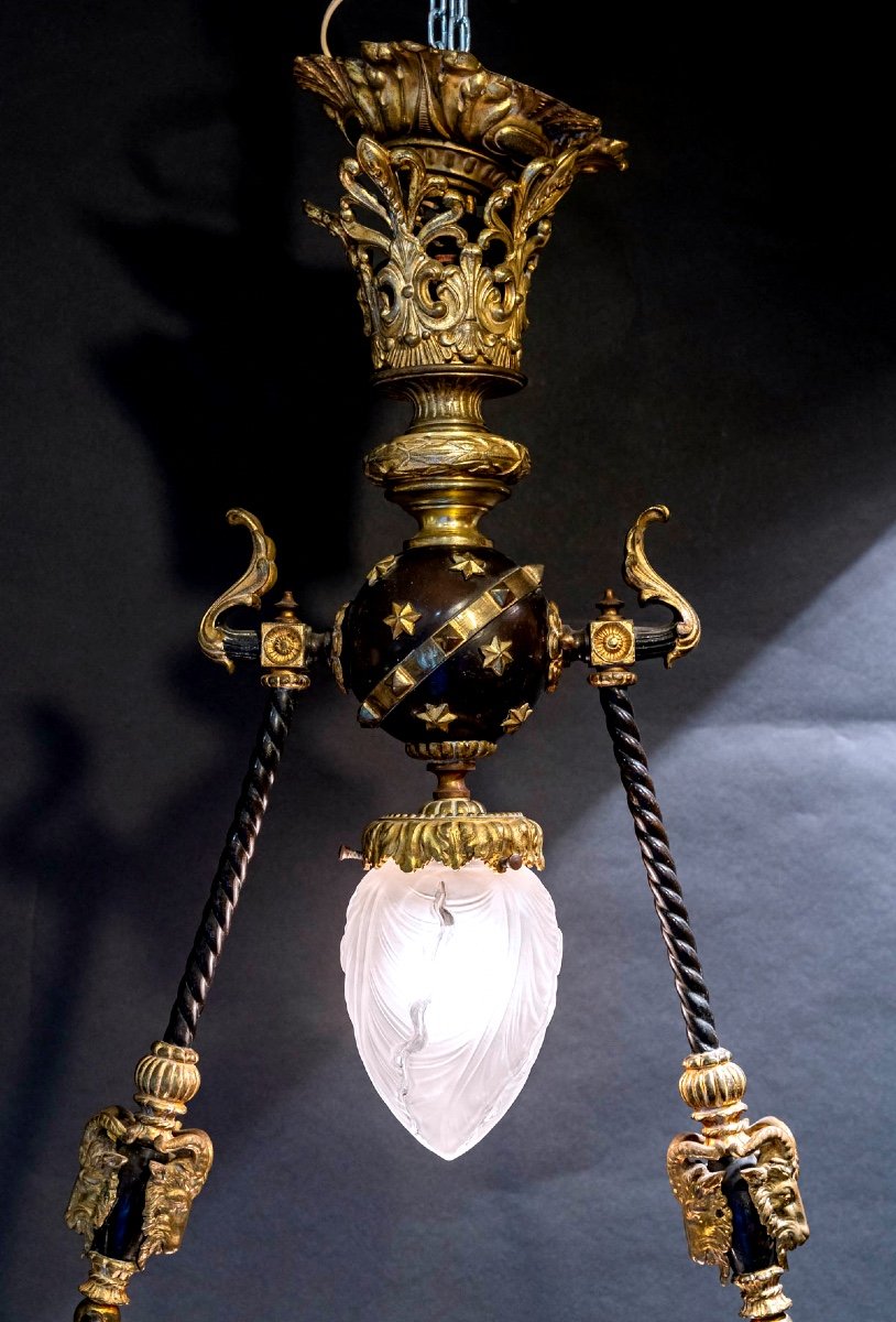 Exceptional And Rare Empire Chandelier - Crystal - Gilt Bronze And Patinated Brown - Period: XIXth-photo-3