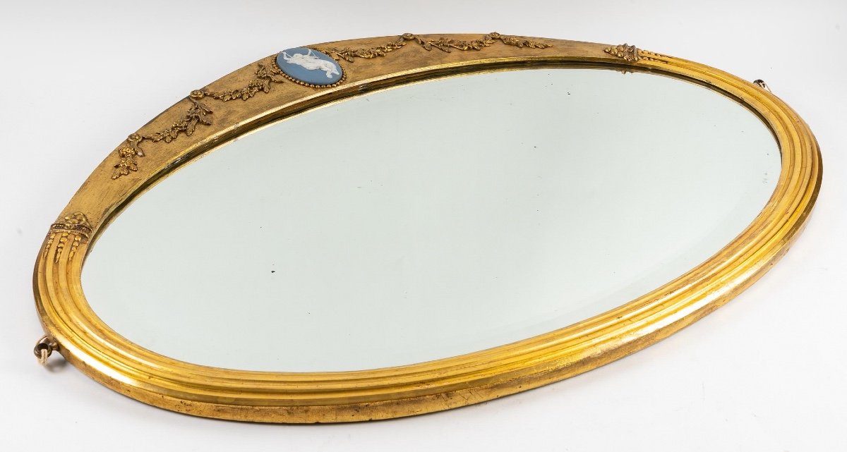 Golden Wood Mirror - Beveled Ice - Wedgwood Blue Jasper Porcelain Medallion-period: Art Deco-photo-1