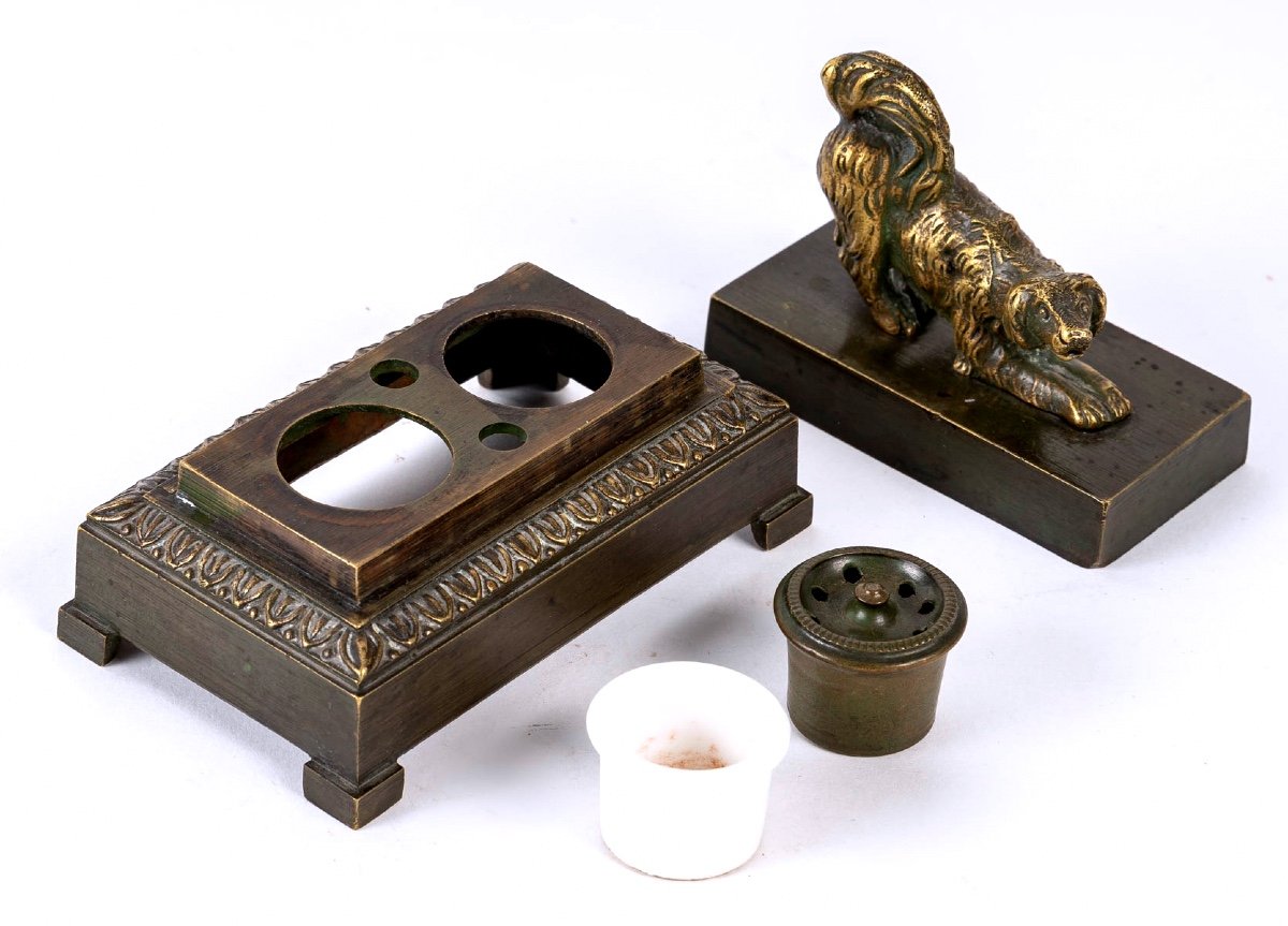 Double Patina Bronze Inkwell - Playing Dog - Period: Charles X - XIXth Century-photo-4