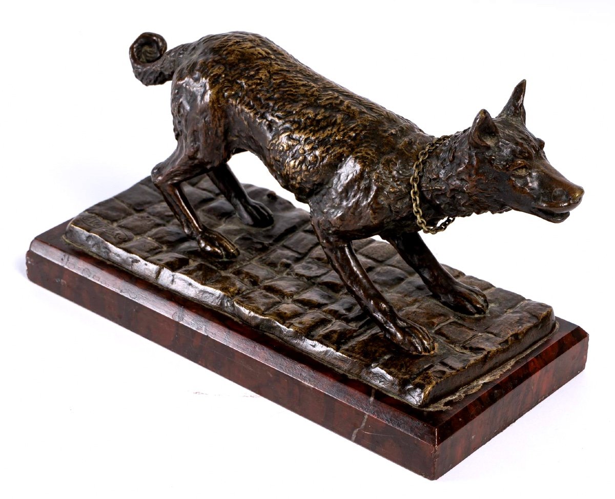 Bronze Animal - Signed E.vrillard - Shepherd Dog In Invitation To Play Posture - 19th C