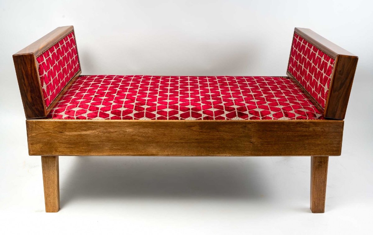 Rest Bed - Mobile Armrests - Golden Walnut And Beech - Fabric Maison Casal Period: Art Deco-photo-2