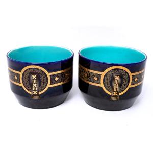 Pair Of Sarreguemines Cache Pots - Bleus De Longwy - Golden Geometric Decorations - XIXth