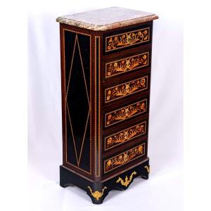 Chiffonier - Six Drawers - Red Marble - Roman Magniant Stamp - Period: XIXth Century