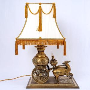 Lampe De Table Laiton - Abat Jour -  Soie Fil d'Or - Shiva - époque :  XXème Siècle