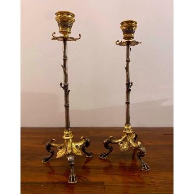 Magnificent Pair Of Double Patina Bronze Candlesticks - Signed: Barbedienne - Nineteenth Time