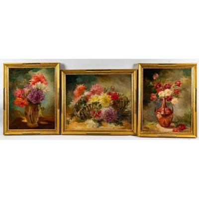 Triptych Oils On Canvas - Still Life - Gaston Noury - Circa: 1935 - Period: Art Deco