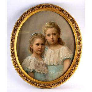 Pastel Marouflé Sur Toile - Cadre Bois Doré - Portrait De Deux Fillettes - Époque : XIXème - Circa : 1894