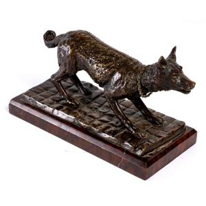 Bronze Animal - Signed E.vrillard - Shepherd Dog In Invitation To Play Posture - 19th C