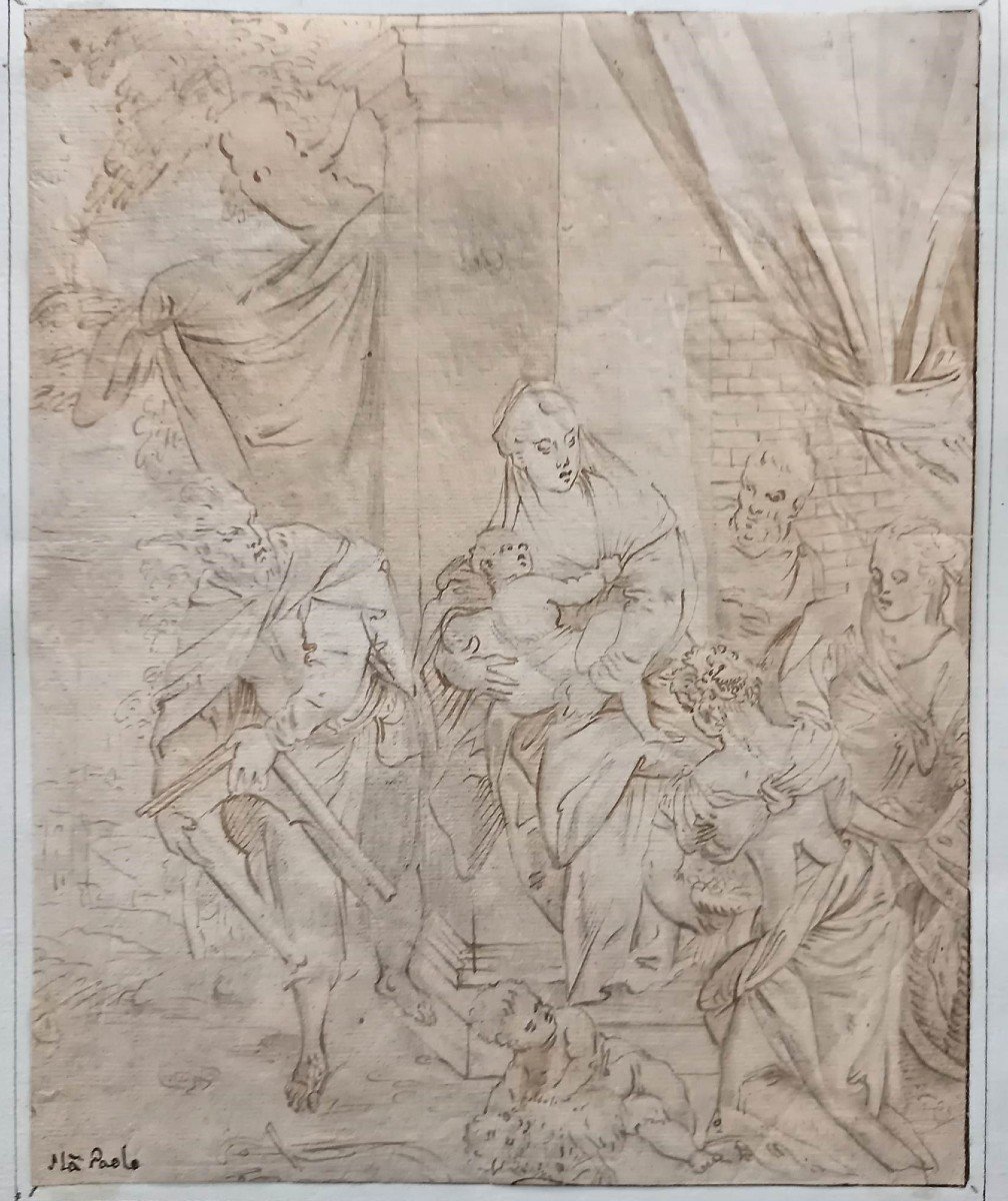 17th Century Italian School: Brown Ink Drawing "saint Dorothy And The Holy Family"-photo-2