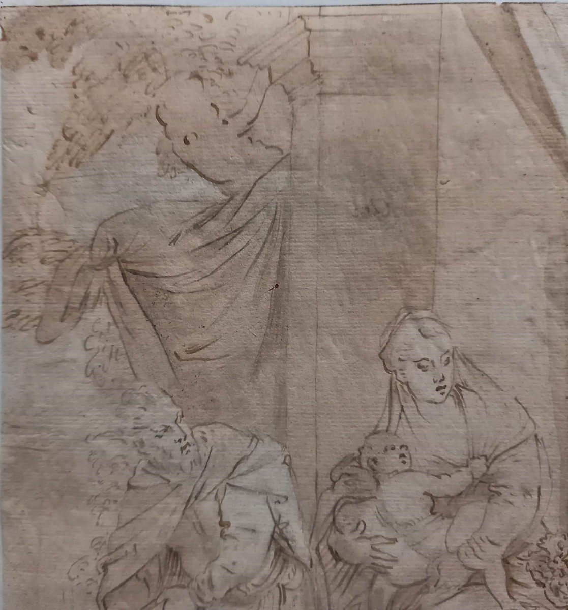 17th Century Italian School: Brown Ink Drawing "saint Dorothy And The Holy Family"-photo-3