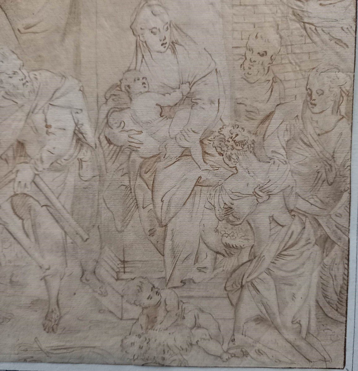 17th Century Italian School: Brown Ink Drawing "saint Dorothy And The Holy Family"-photo-4