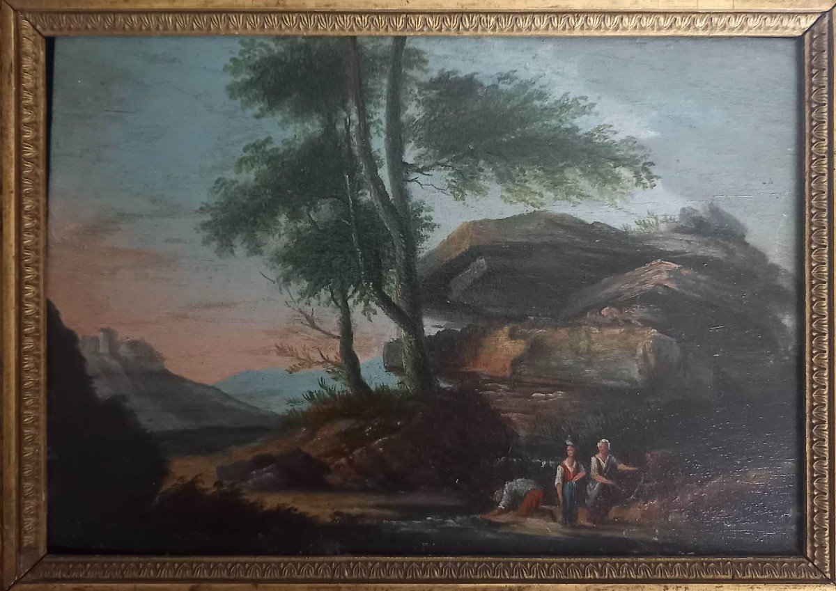 French School Early Nineteenth "animated Landscape" Oil On Panel, Restoration Period Frame-photo-2