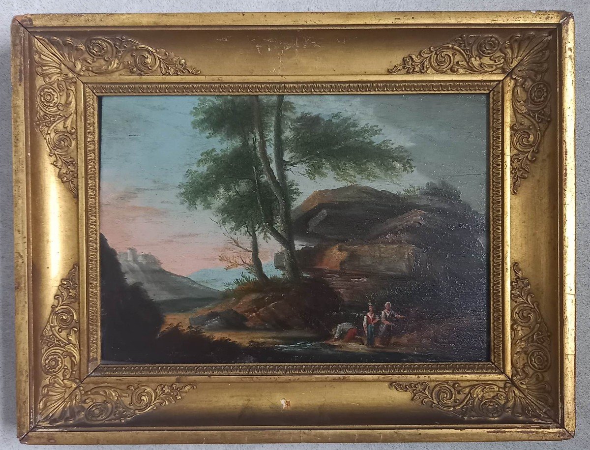 French School Early Nineteenth "animated Landscape" Oil On Panel, Restoration Period Frame