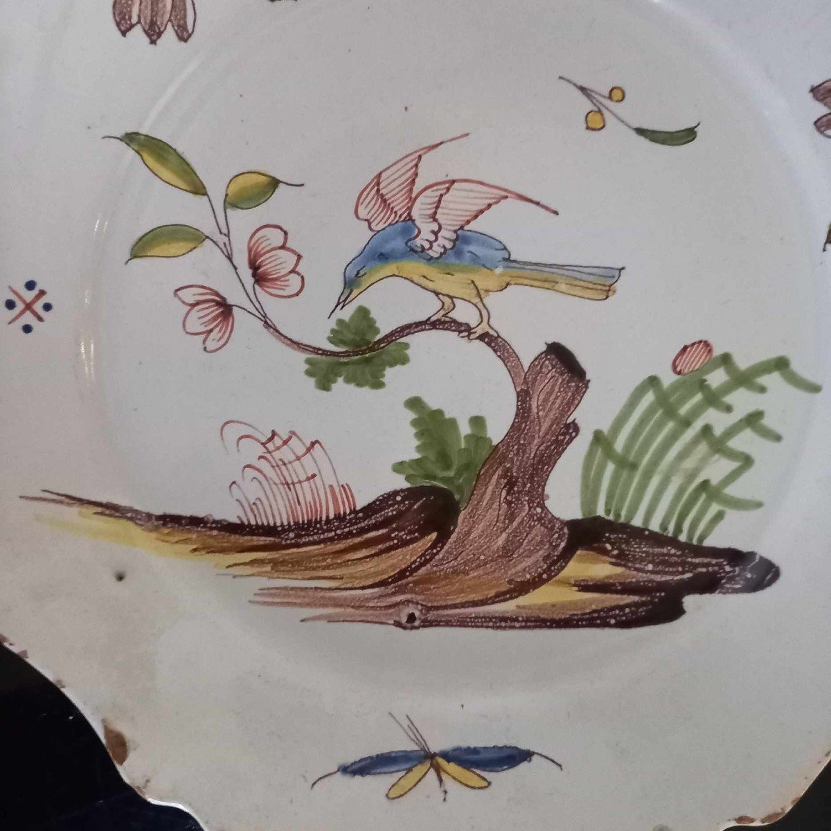 Assiette Faïence De Nevers Décor Oiseau Branché, XVIIIe Siècle-photo-4