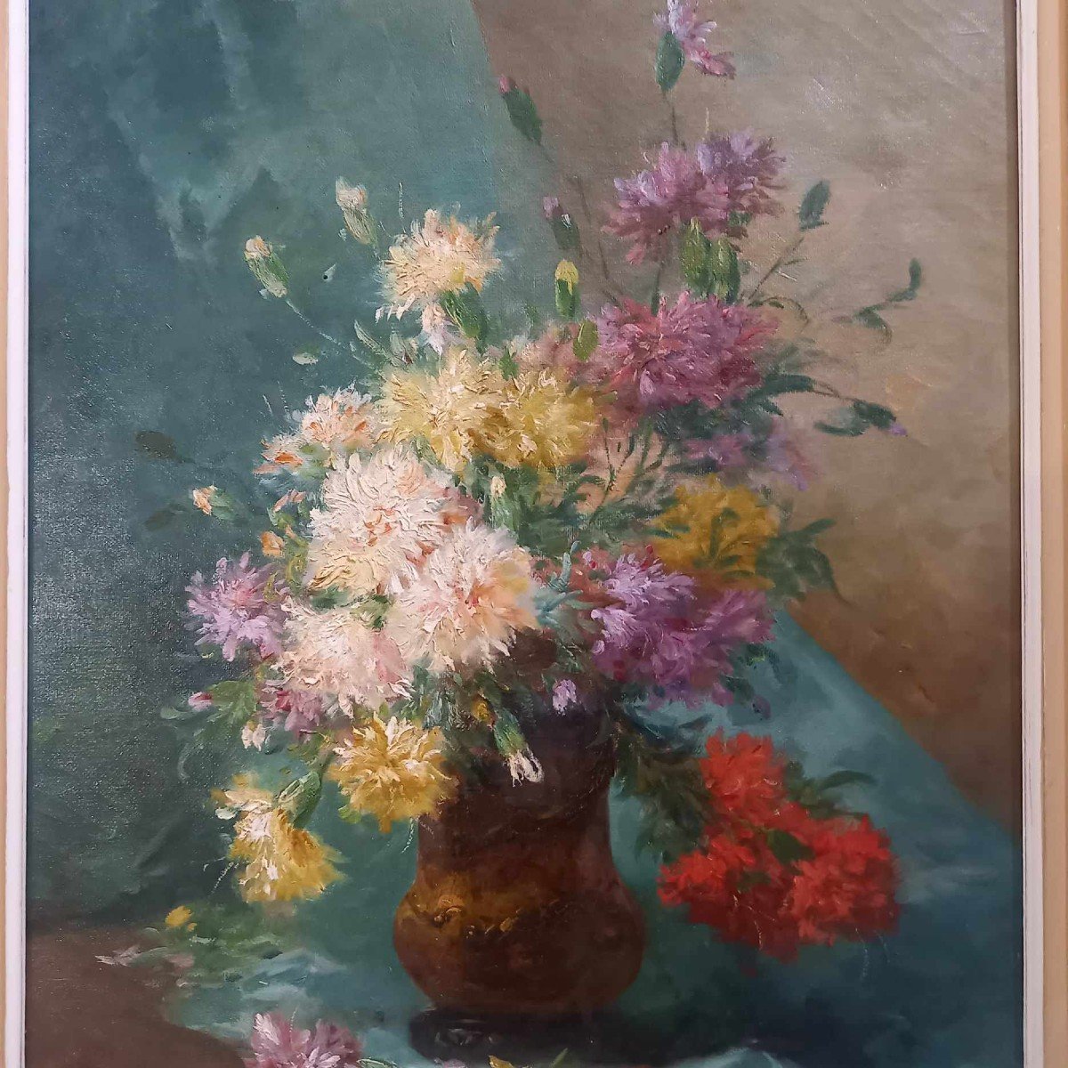 Eugène Henri Cauchois ( 1850 – 1911) « Vase De Fleurs Sur Un Entablement » Huile Sur Toile-photo-2