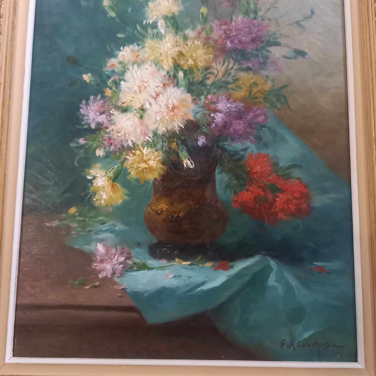 Eugène Henri Cauchois ( 1850 – 1911) « Vase De Fleurs Sur Un Entablement » Huile Sur Toile-photo-3