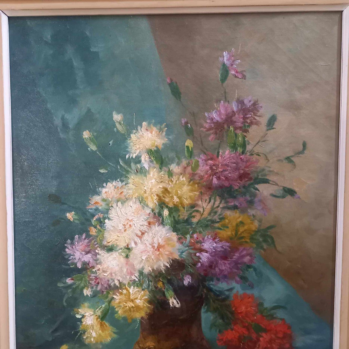 Eugène Henri Cauchois ( 1850 – 1911) « Vase De Fleurs Sur Un Entablement » Huile Sur Toile-photo-1