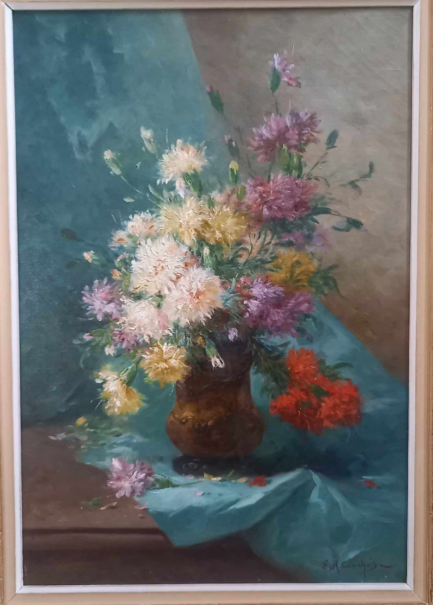 Eugène Henri Cauchois ( 1850 – 1911) « Vase De Fleurs Sur Un Entablement » Huile Sur Toile-photo-2