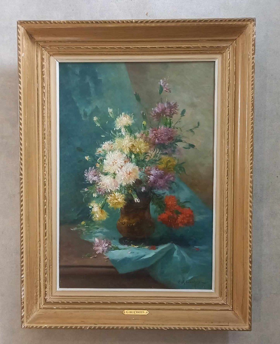 Eugène Henri Cauchois ( 1850 – 1911) « Vase De Fleurs Sur Un Entablement » Huile Sur Toile-photo-3