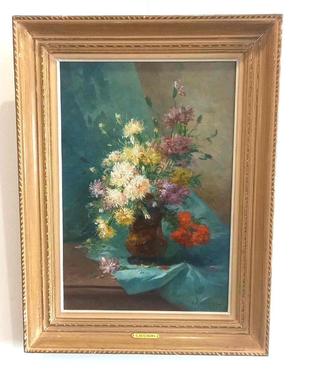 Eugène Henri Cauchois ( 1850 – 1911) « Vase De Fleurs Sur Un Entablement » Huile Sur Toile