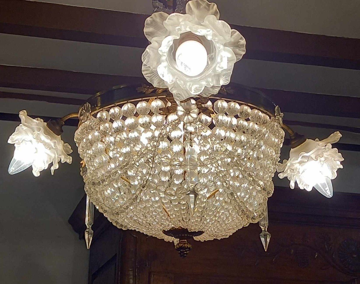  Elegant Louis XVI Style Basket Chandelier, First Half Of The 20th Century-photo-2