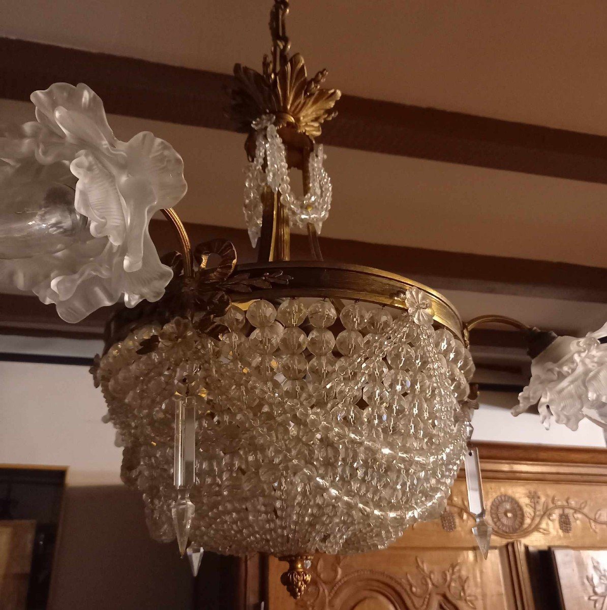  Elegant Louis XVI Style Basket Chandelier, First Half Of The 20th Century-photo-4