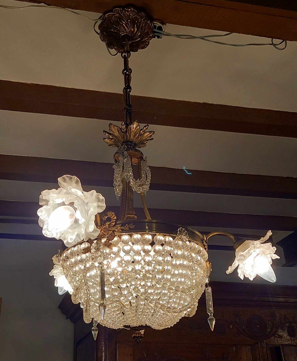  Elegant Louis XVI Style Basket Chandelier, First Half Of The 20th Century-photo-2