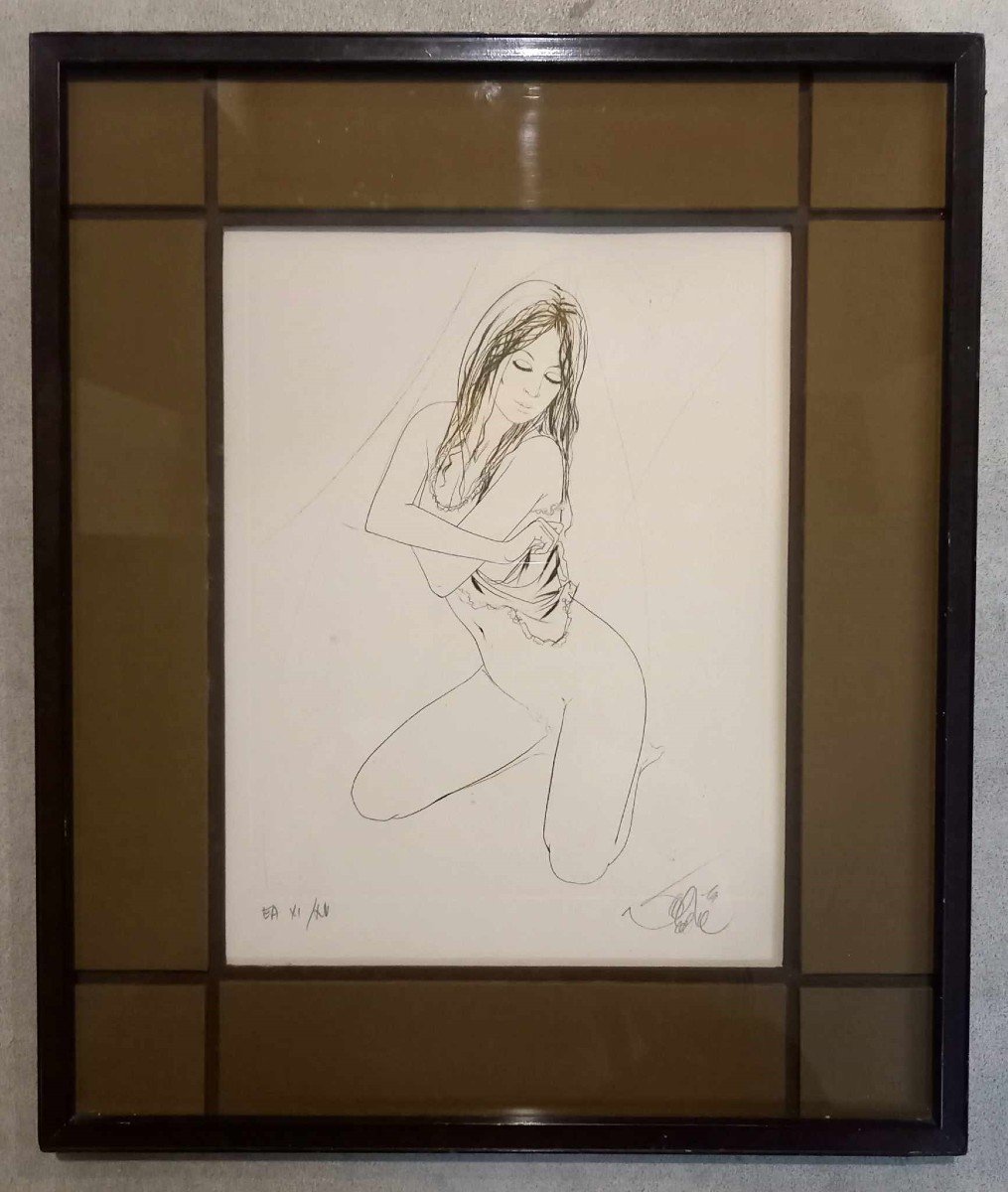 Jean-baptiste Valadié (born In 1933) “kneeling Nude” Engraving In Black 