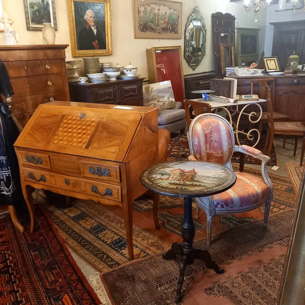 Blackened Wood Pedestal Table, Late 19th Century, Top Decorated With An Animated Landscape-photo-1