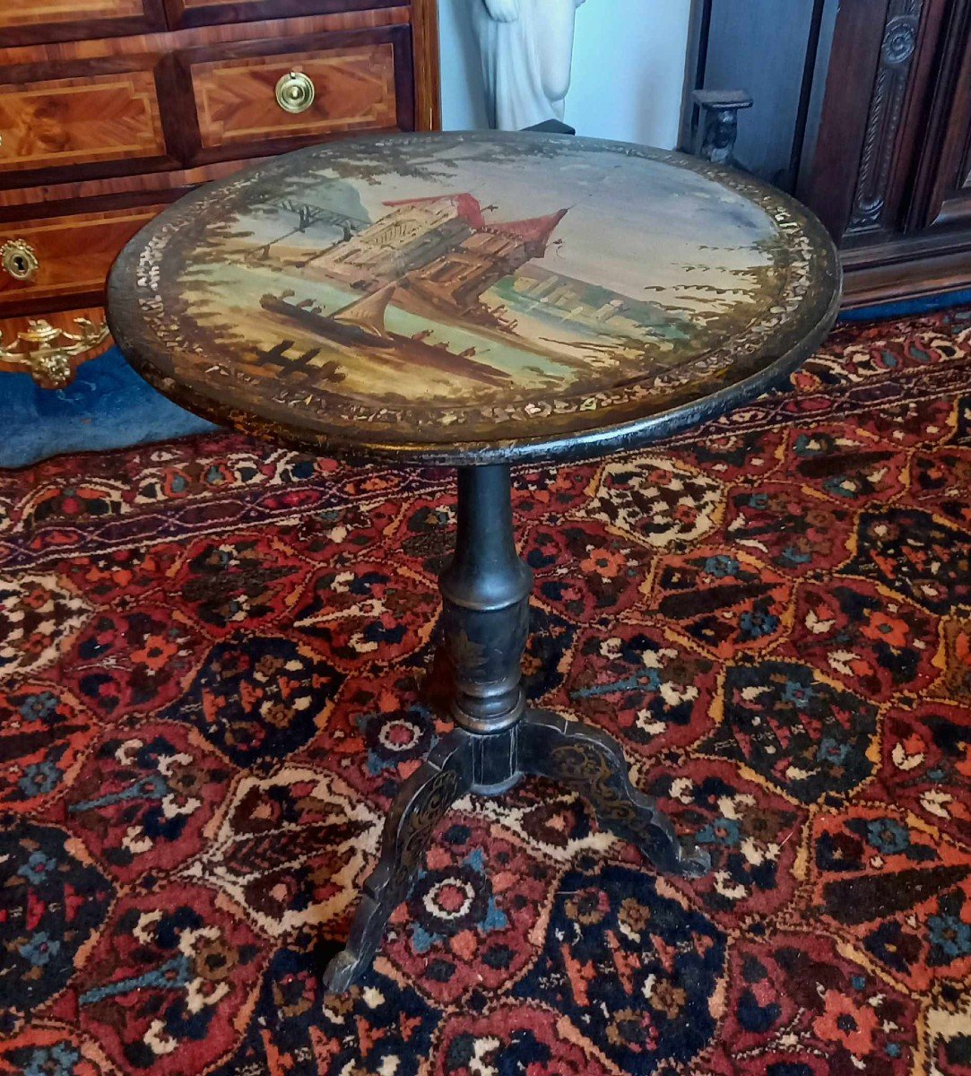 Blackened Wood Pedestal Table, Late 19th Century, Top Decorated With An Animated Landscape