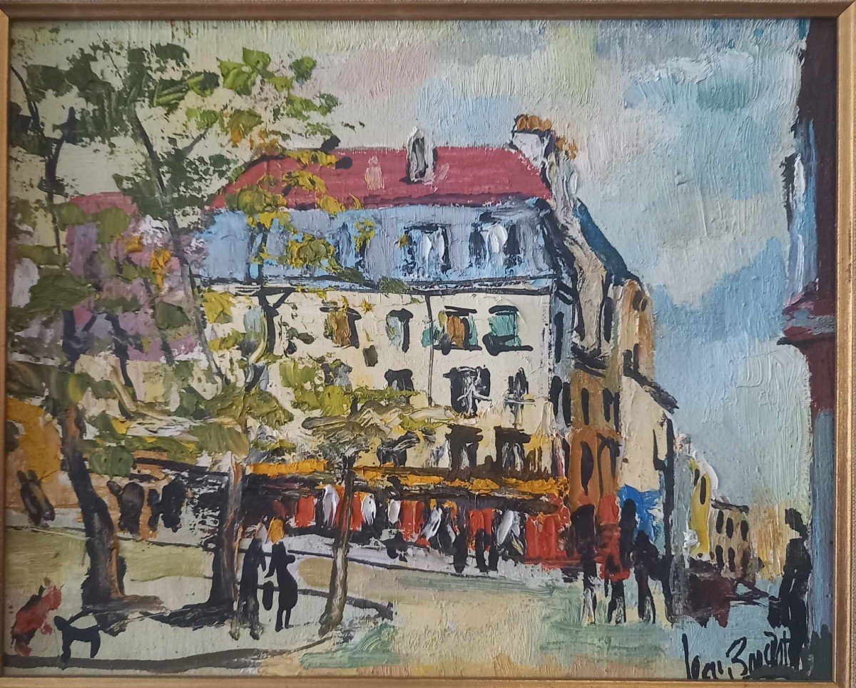 Jean Bougret (1922-1979) "place De La Contrescarpe à Paris" Huile Sur Toile-photo-2