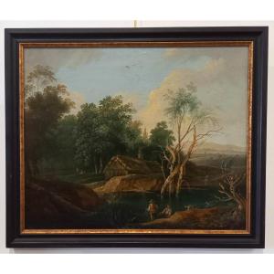 18th Century Dutch School "animated Landscape With Fishermen In A Net And Dog" Oil On Canvas