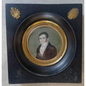 Round Miniature "portrait Of A Man, Romantic Dandy" Restoration Period