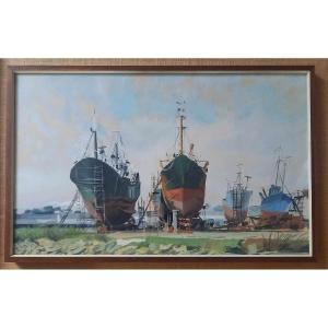 Breton School Second Half 20th Century "boats In Dry Dock"